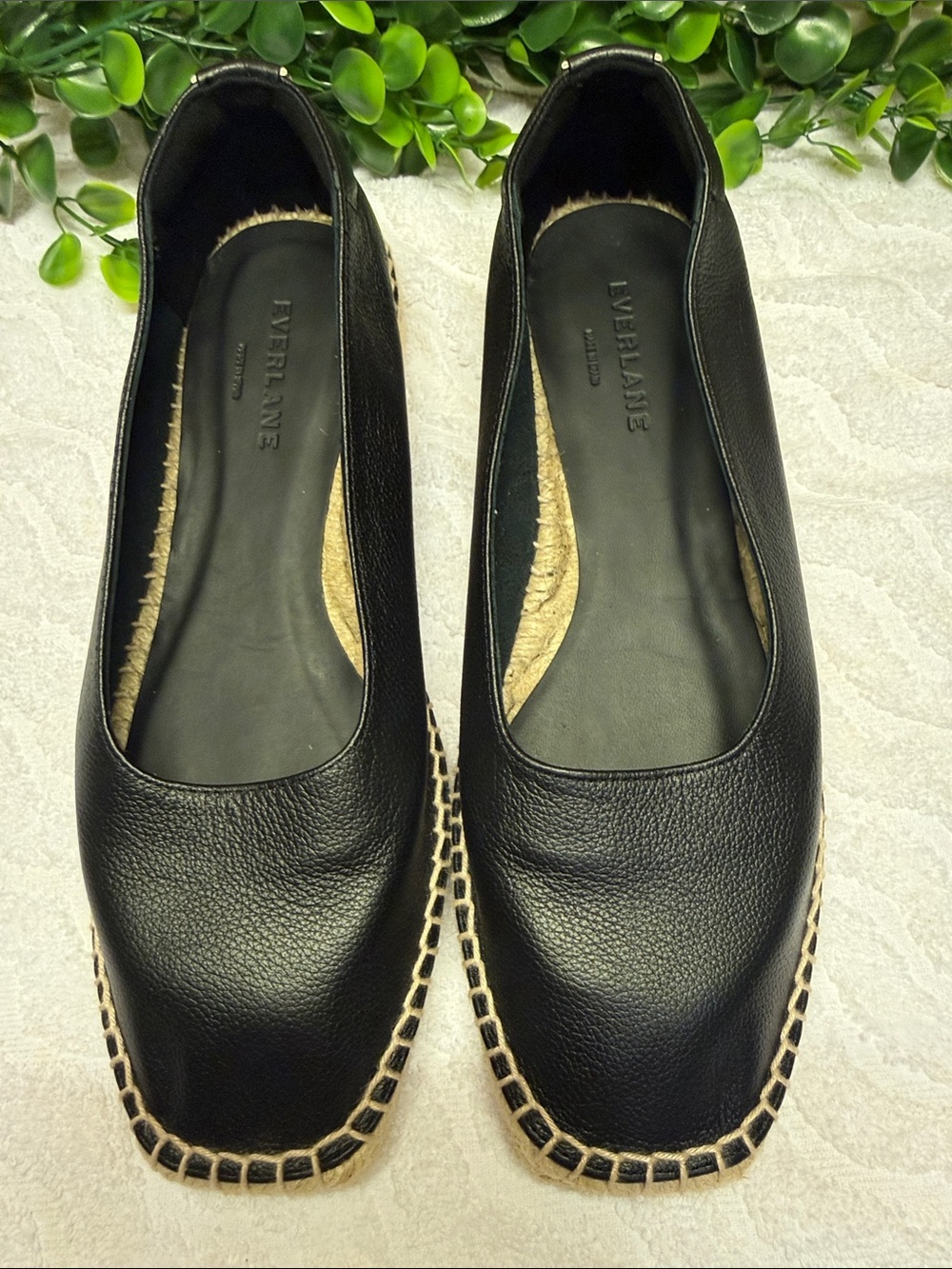 NWOB! Everlane Black Leather Espadrille Flats with Jute Trim - Picture 2 of 11